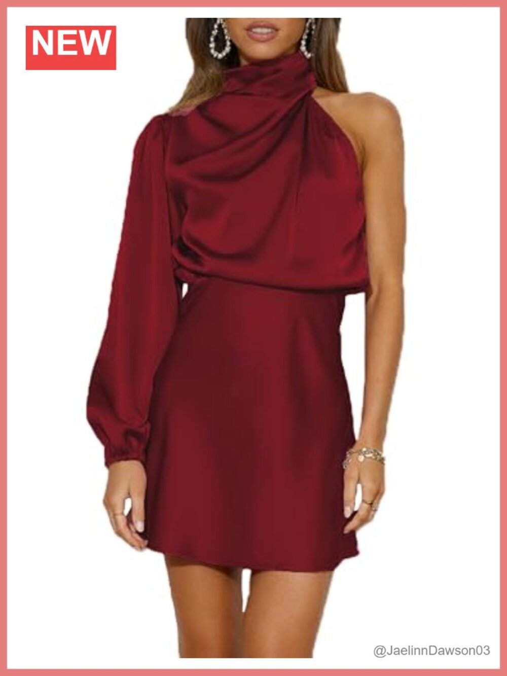 Satin One Shoulder Long Sleeve Mini Dress High Neck Cocktail Party